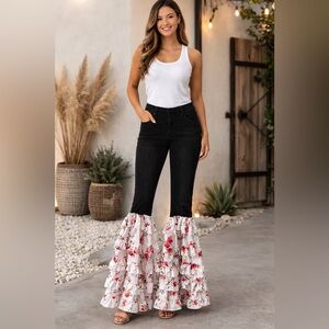 Upcycled KUT Flared Ruffled jeans.
